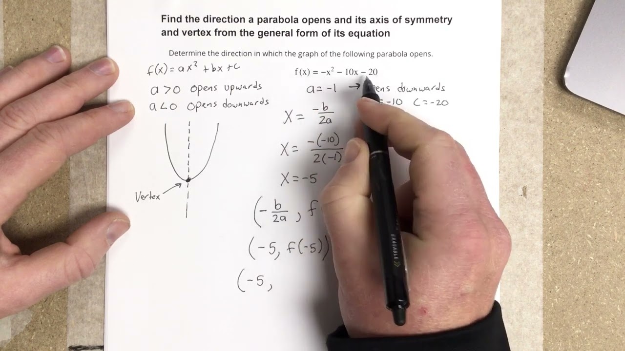 Find the direction a parabola opens, it’s axis of symmetry and vertex from general form of equation