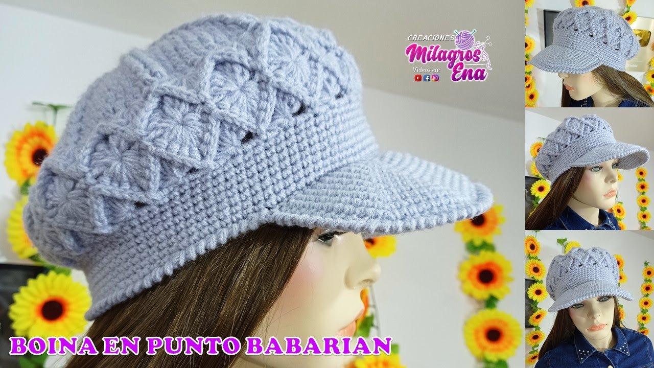 Como tejer la Boina N° 29 a crochet con Visera para mujer en punto Bavarian o rombo en relieve