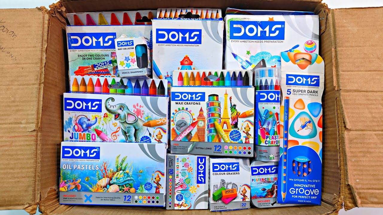 Unboxing Latest DOMS Stationery 📚, Oil Pastel, Wax Crayons, Poster Colour, Eraser, Pencil, Sharpener