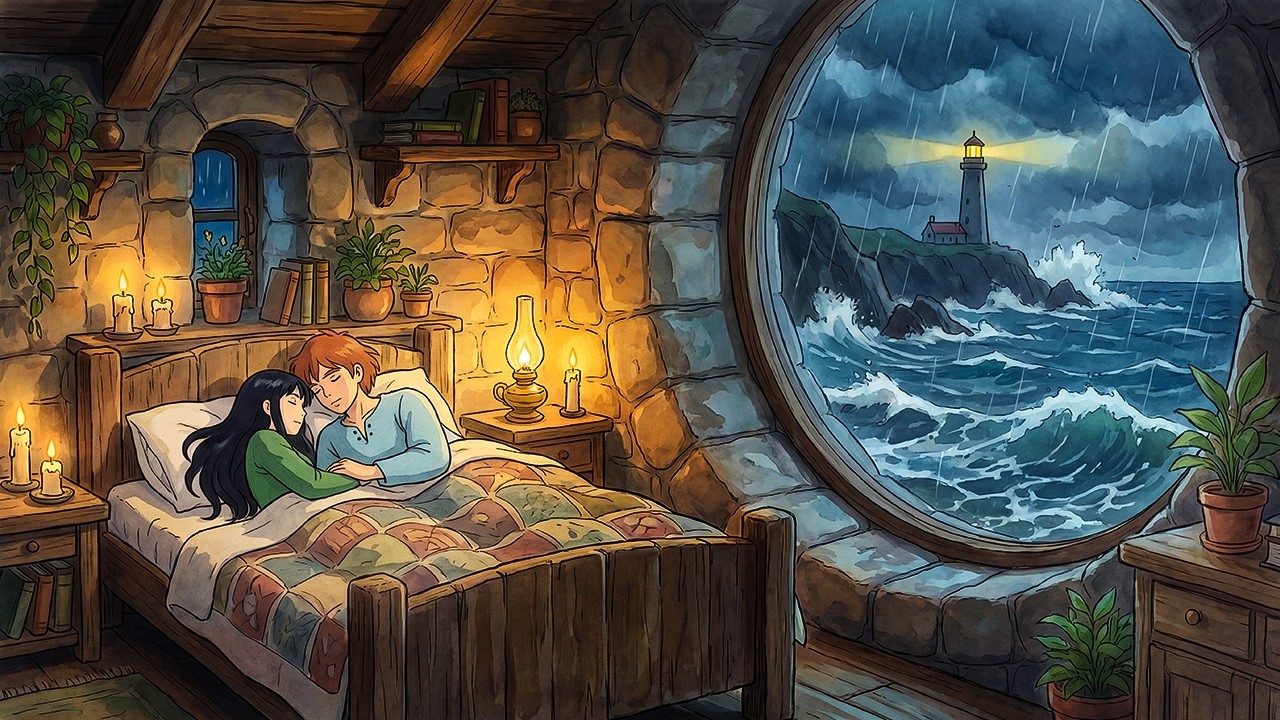 Stormy Sea Window: A Cozy Night by the Lighthouse | Ghibli-Style ASMR