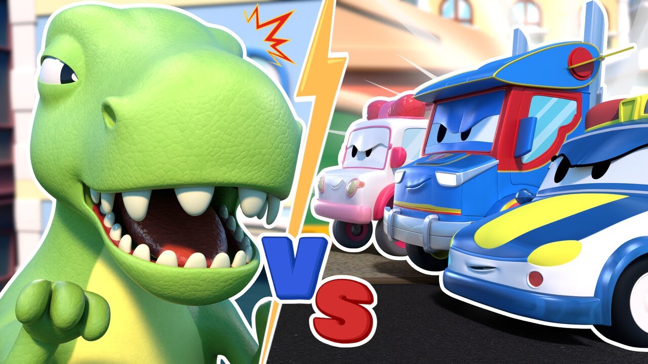REDDINGSTEAM tegen DINOSAURUSSEN! Wie zal er winnen? | Auto en Truck redding voor kinderen
