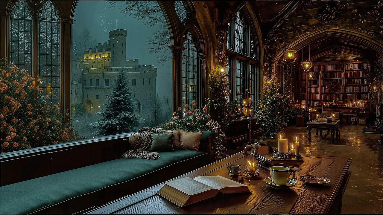 Cozy Winter Library Café ☕ Dark Academia Piano Ambience with Soft Snowfall for Reading & Deep Focus