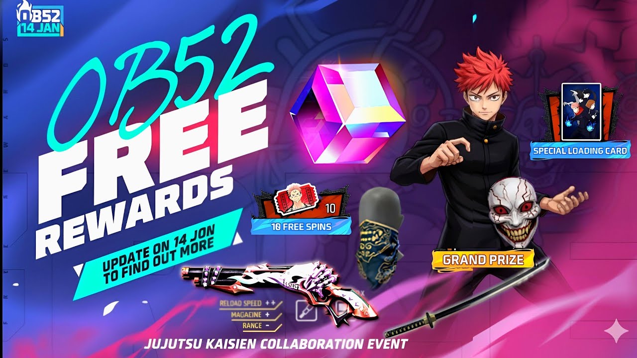 OB52 Update FREE Rewards 🎁 | Jujutsu Kaisen Collab |😱| FF NEW EVENT Today | FREE FIRE NEW EVENT