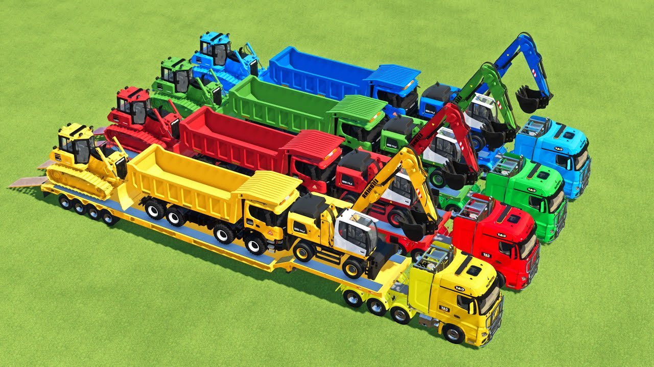 MERCEDES ACTROS TRUCK TRANSPORTING LIEBHERR LH26, SCANIA DUMP TRUCK & BULLDOZER TO NEW GARAGE