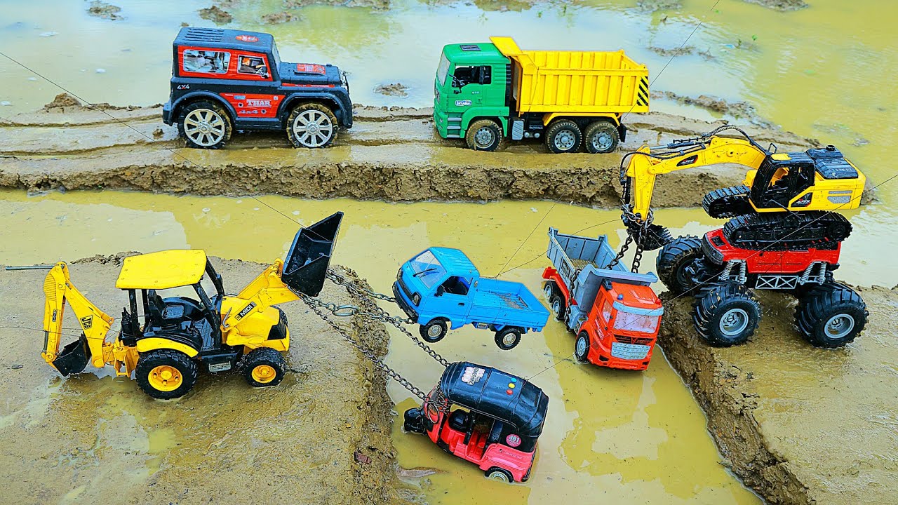 Mini Dump Truck Auto Rickshaw Tata Pickup Mud Accident Pulling Bulldozer JCB 3DX Excavator ? CS Toy 