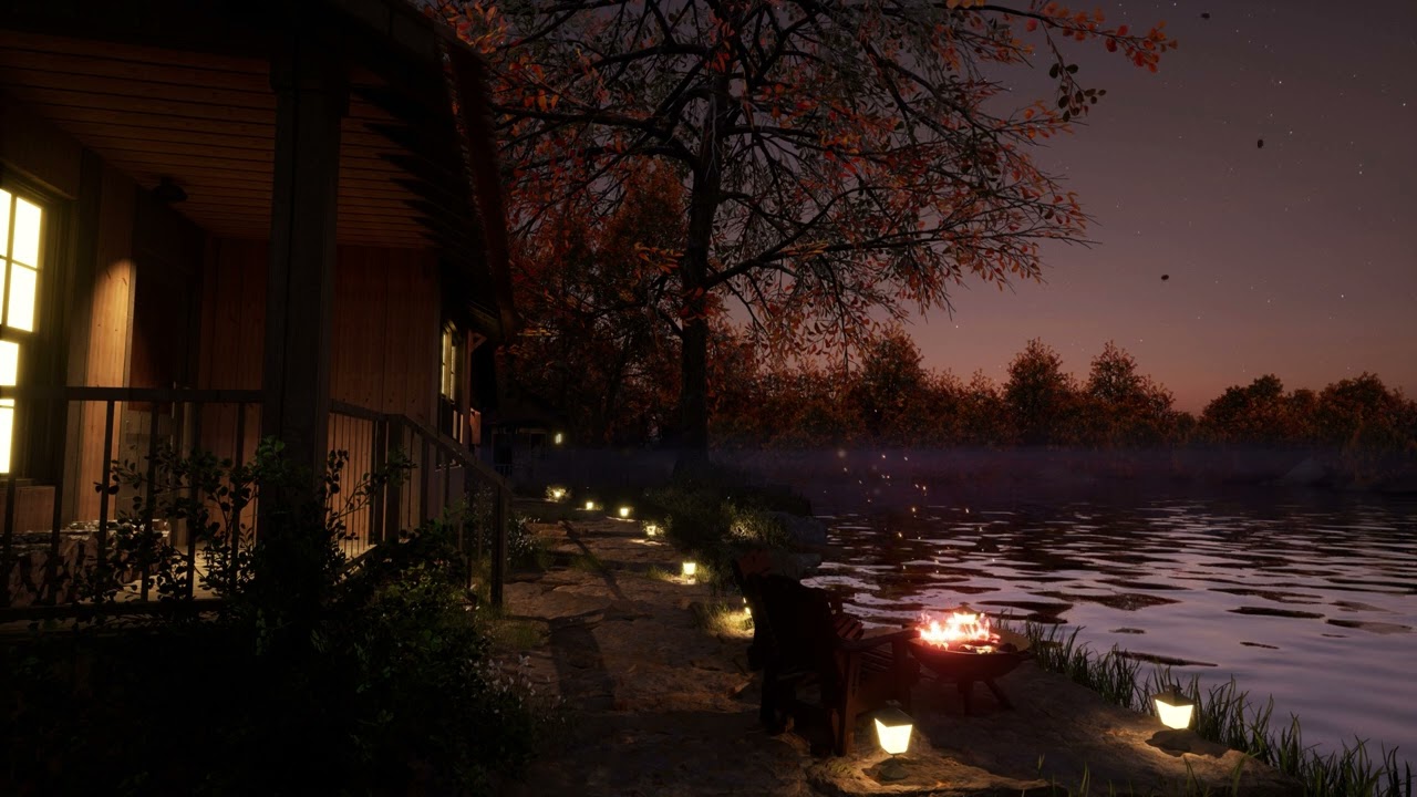 Cozy Lakeside Scenery Of Autumn | Crackling Fire, Water, Crickets Sounds | Relaxation & Sleep