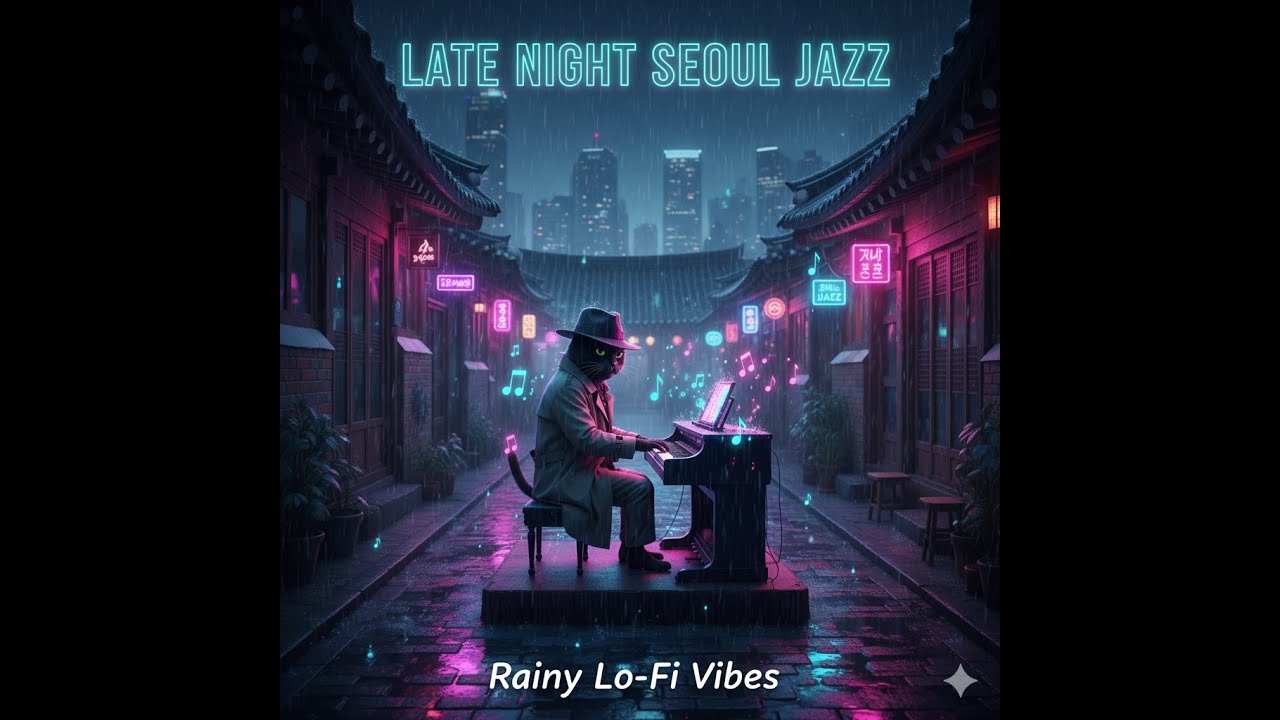 Seoul Rain Jazz 🎷 Relaxing Night in Gangnam (Cozy Coffee & Sleeping Cat)