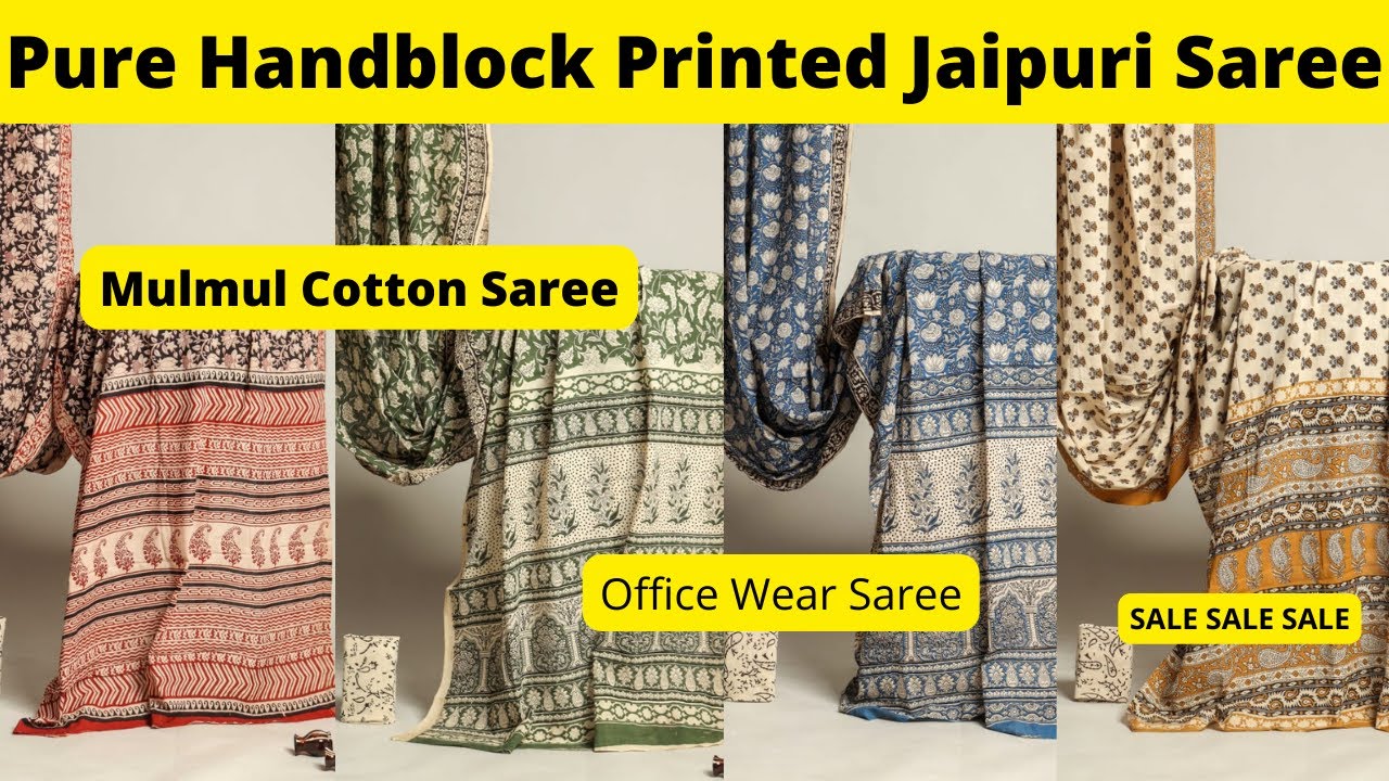 Women's Hand Block Printed Cotton Mulmul Sarees With Hand Block Printed Blouse || office wear saree