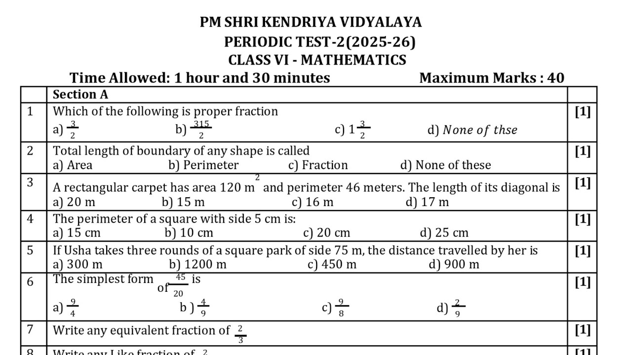 Class-6 Maths / PT-2 Exam Question Paper Session 2025-26/ PM SHRI KENDRIYA VIDYALAYA 