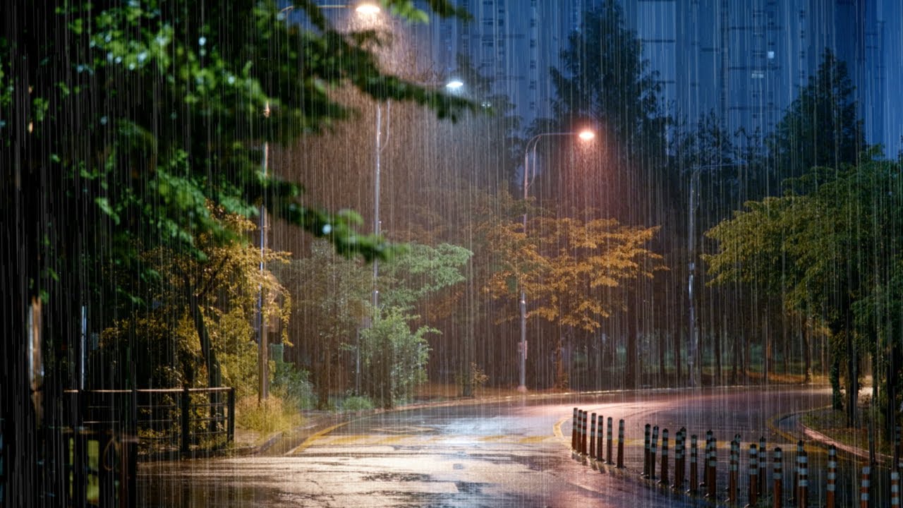 Heavy Rain at Midnight | Urban Sleep Aid White Noise | Roadside Rainfall Sounds | No Music