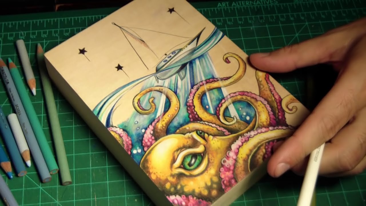 Time Lapse Prismacolor pencil octopus nautical boat drawing by Bryan Collins Art