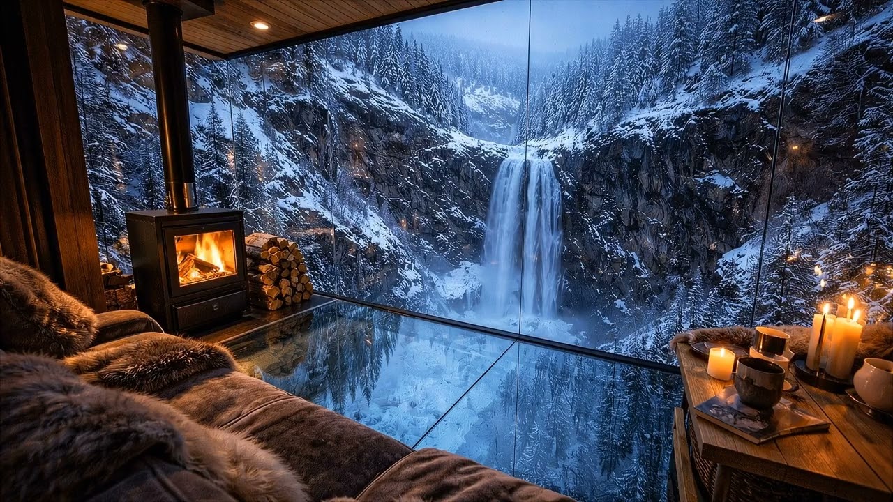 🔥 Fireplace & Waterfall Ambience❄️| 3 Hours Relaxing Piano, Crackling Fire & Nature Sounds(1080p HD)