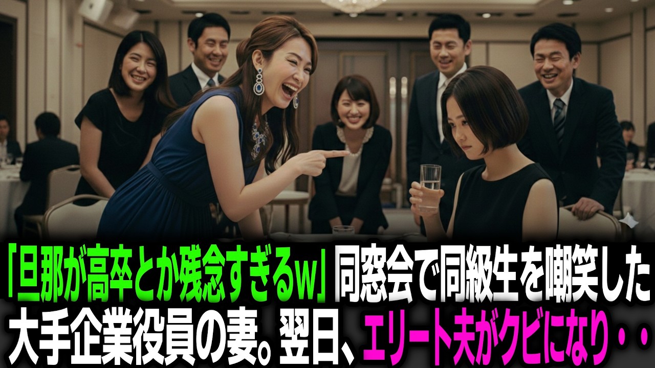 「旦那が高卒とか残念すぎるw」同窓会で同級生を嘲笑した大手企業役員の妻。翌日、エリート夫がクビになり人生詰む…