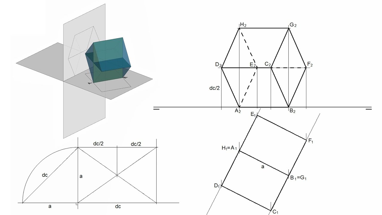 Cubo apoyado en una Arista en Sistema Diédrico