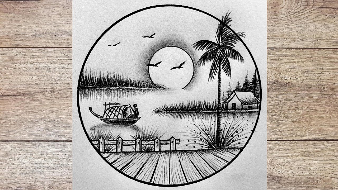 How to drawing sun rising river scenery