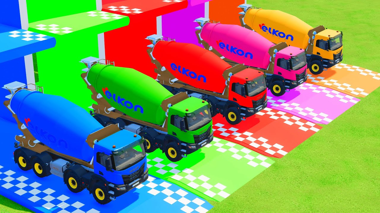 TRANSPORTING OF COLOR ALL MIXER TRUCK WITH DOUBLE FLATBED TRAILER TRUCK, IVECO TRUCK ELKON - FS22
