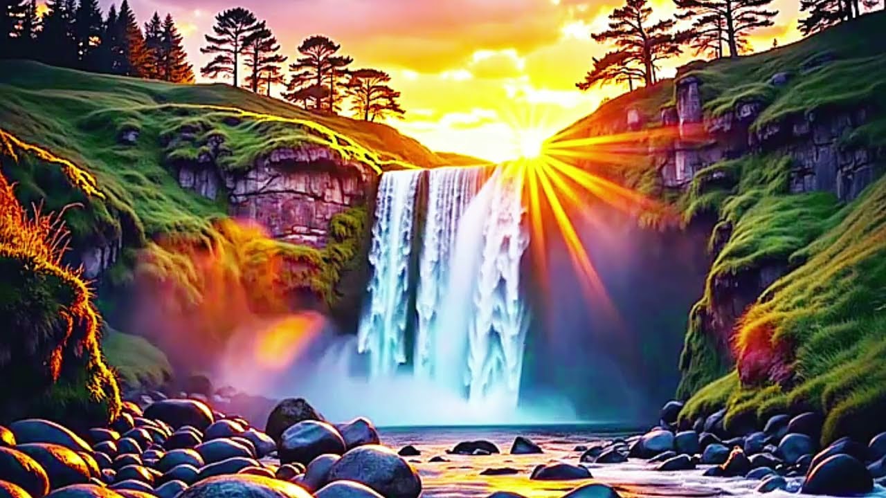 Waterfall on Sunset ll in Hindi mein bolo ll 4K Video 