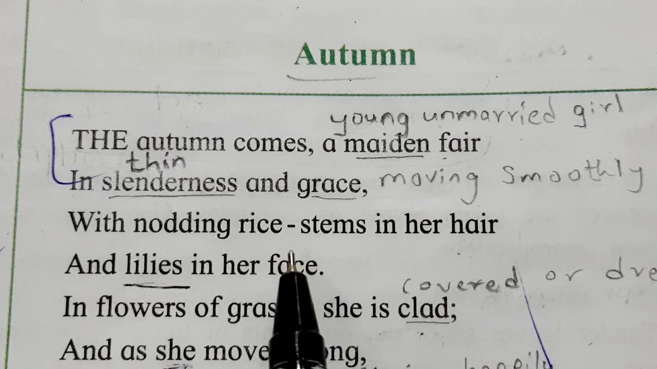 Autumn English poem 9th std SSC Class 9 By Kalidas translated by  prof. A.W.Ryder MH Board in Hindi