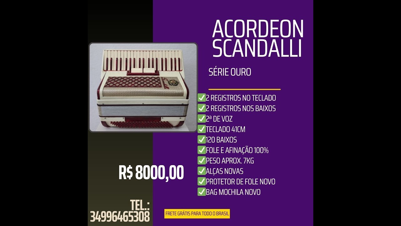 R$8000,00 - Acordeon Scandalli Série Ouro 120 baixos - 41cm - Universo do Acordeon