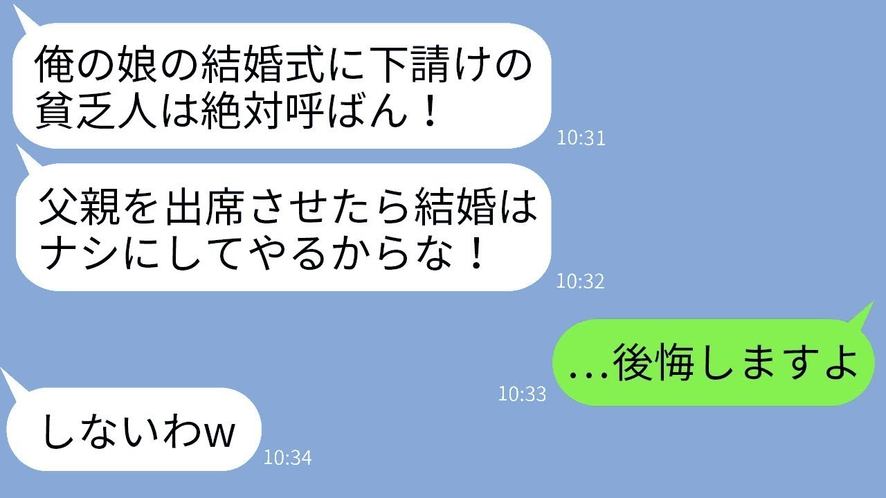 新婦の父が「下請けの貧乏人は来るな！」と新郎の父を軽視したため、式当日には新郎の父が言われた通りに欠席した結果www