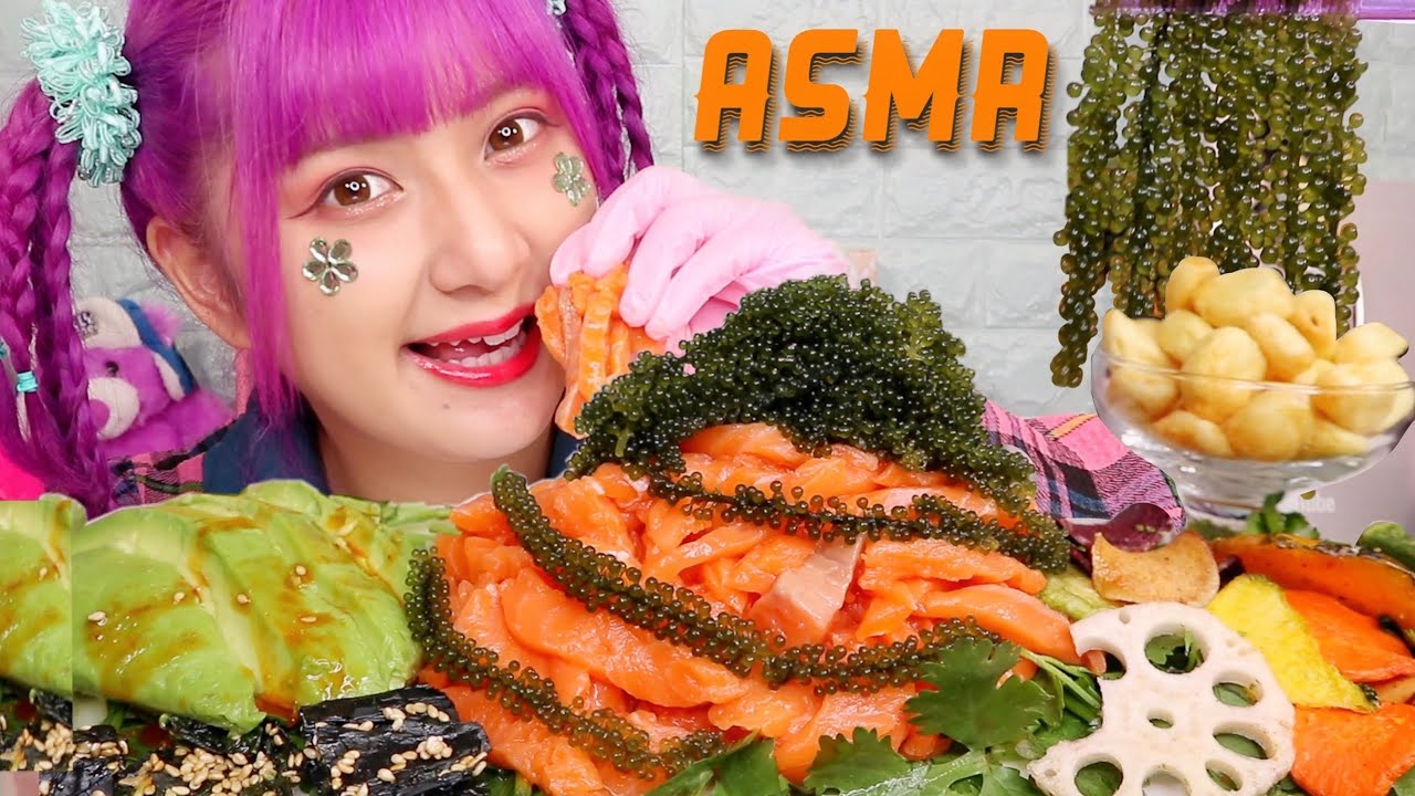 [АСМР] Звук поедания лапши с лососем и морского винограда 🍣💕