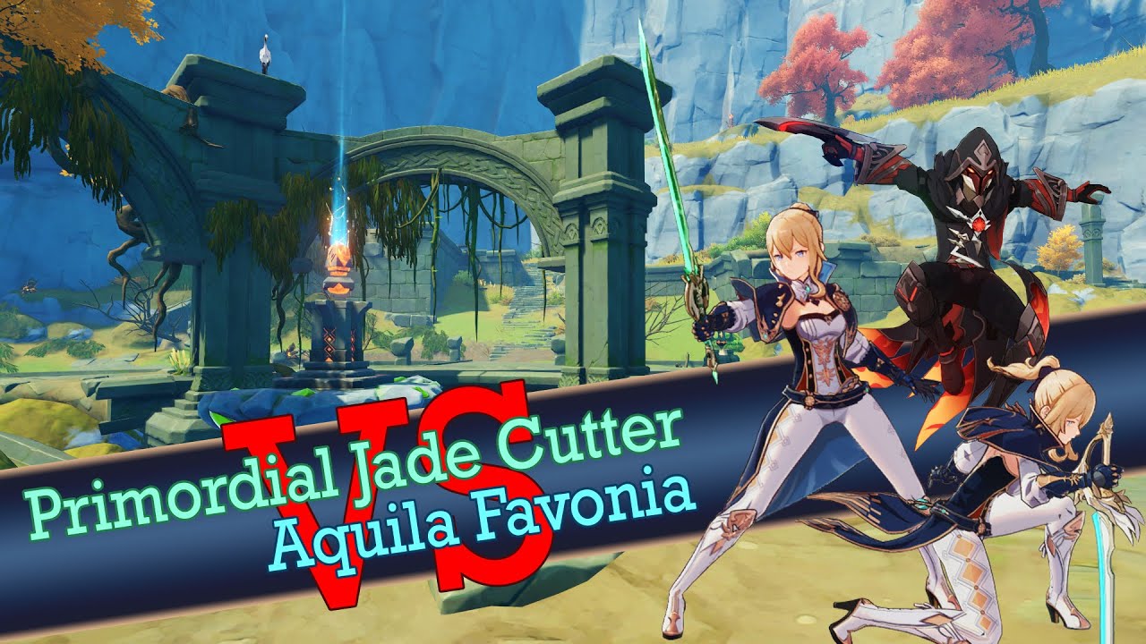 Genshin impact : Jean Main Position Primordial Jade Cutter VS Aquila Favonia DMG and Time result