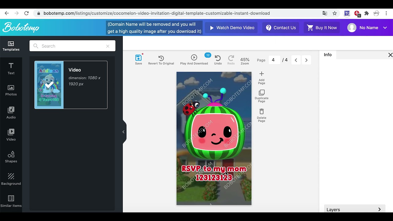 How to make Mobile Cocomelon Birthday Mp4 Video Invitation on Bobotemp website