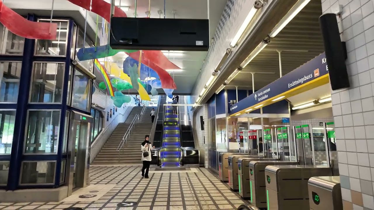 Sweden, Stockholm, Farsta Centrum Subway Station, 2X escalator, 1X elevator, 1X stairs