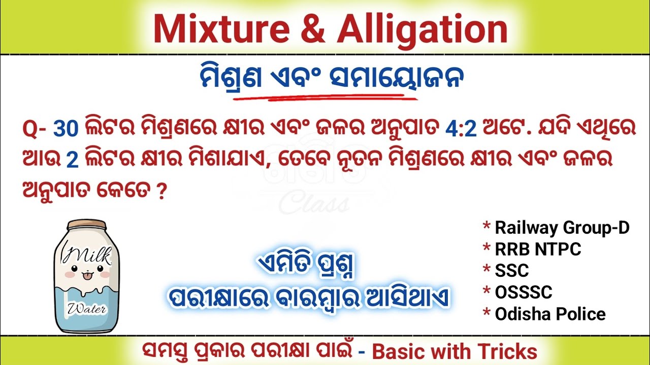 Mixture and Alligation Basic with Tricks | Railway Group D | NTPC | SSC | OSSSC | Odisha Police