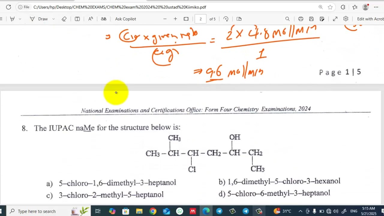CHEMISTRY FORM FOUR EXAM 2024  PART 1