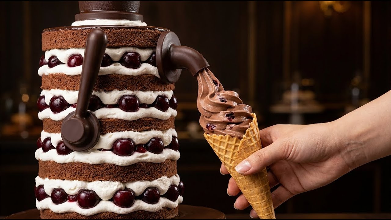 Chocolate Black Forest Cake Turns Into Ice Cream Swirl 🍫 Cherry Dessert ASMR AI Thumbnail