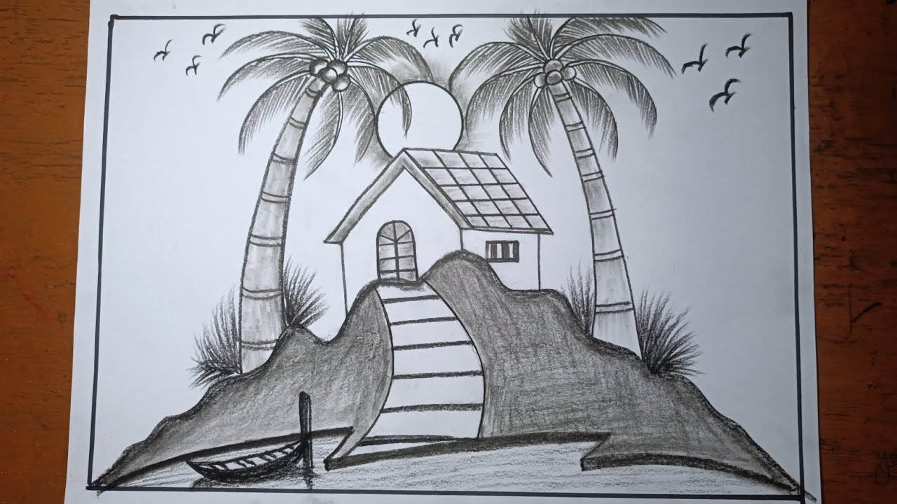 Sunset landscape drawing with pencil/How to draw scenery with shading/Prakritik drishya best drawing