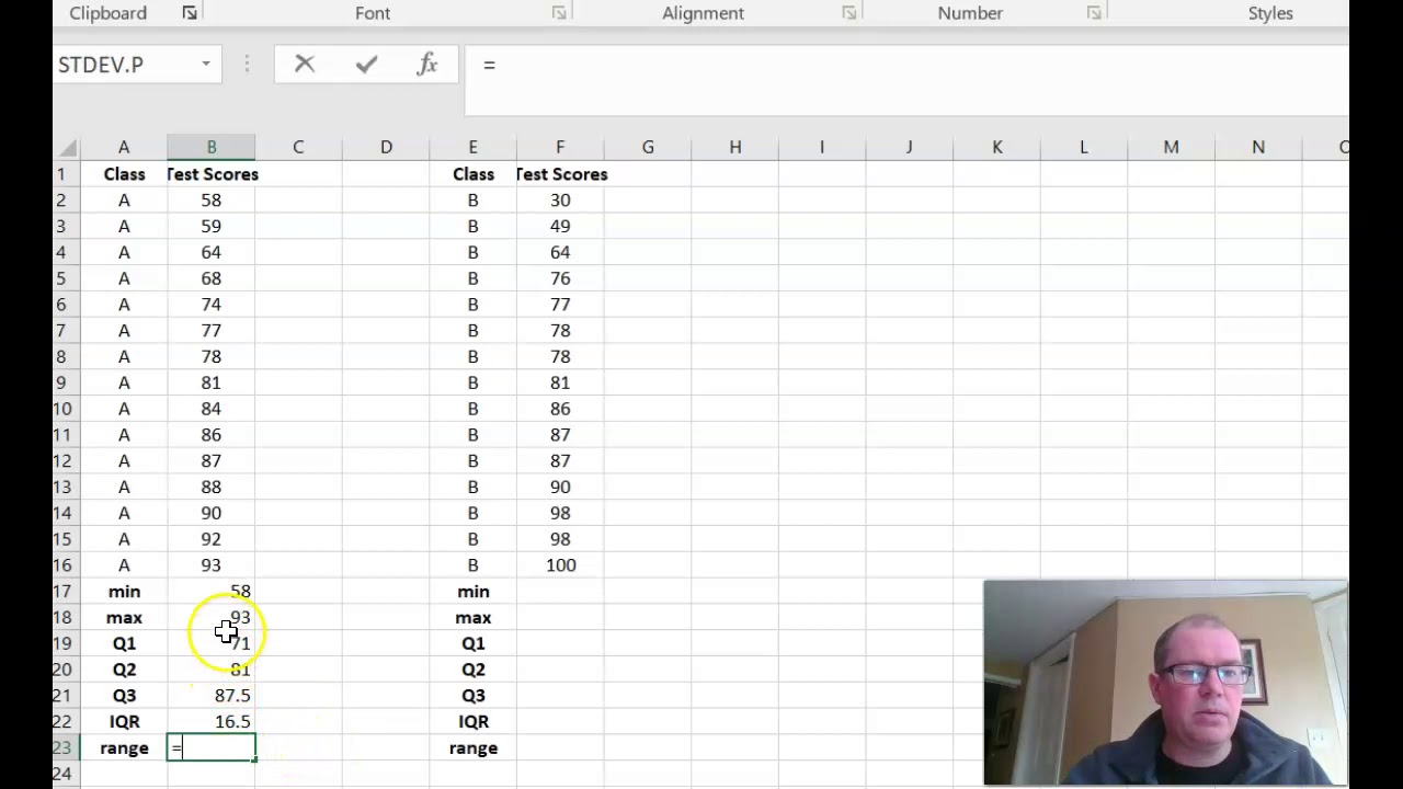 Using Excel to find the Quartiles and Interquartile Range
