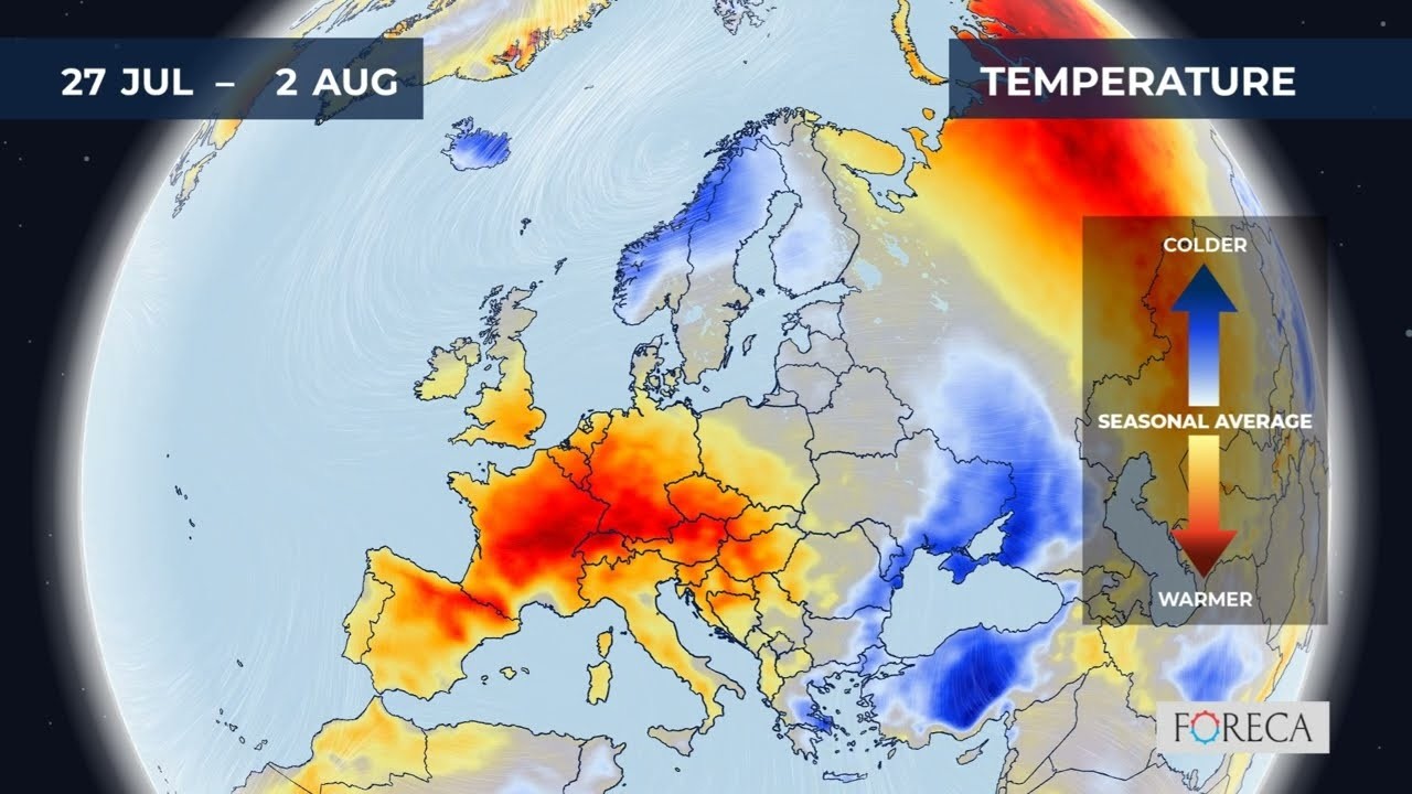 Monthly temperature forecast for Europe 25/7/2026