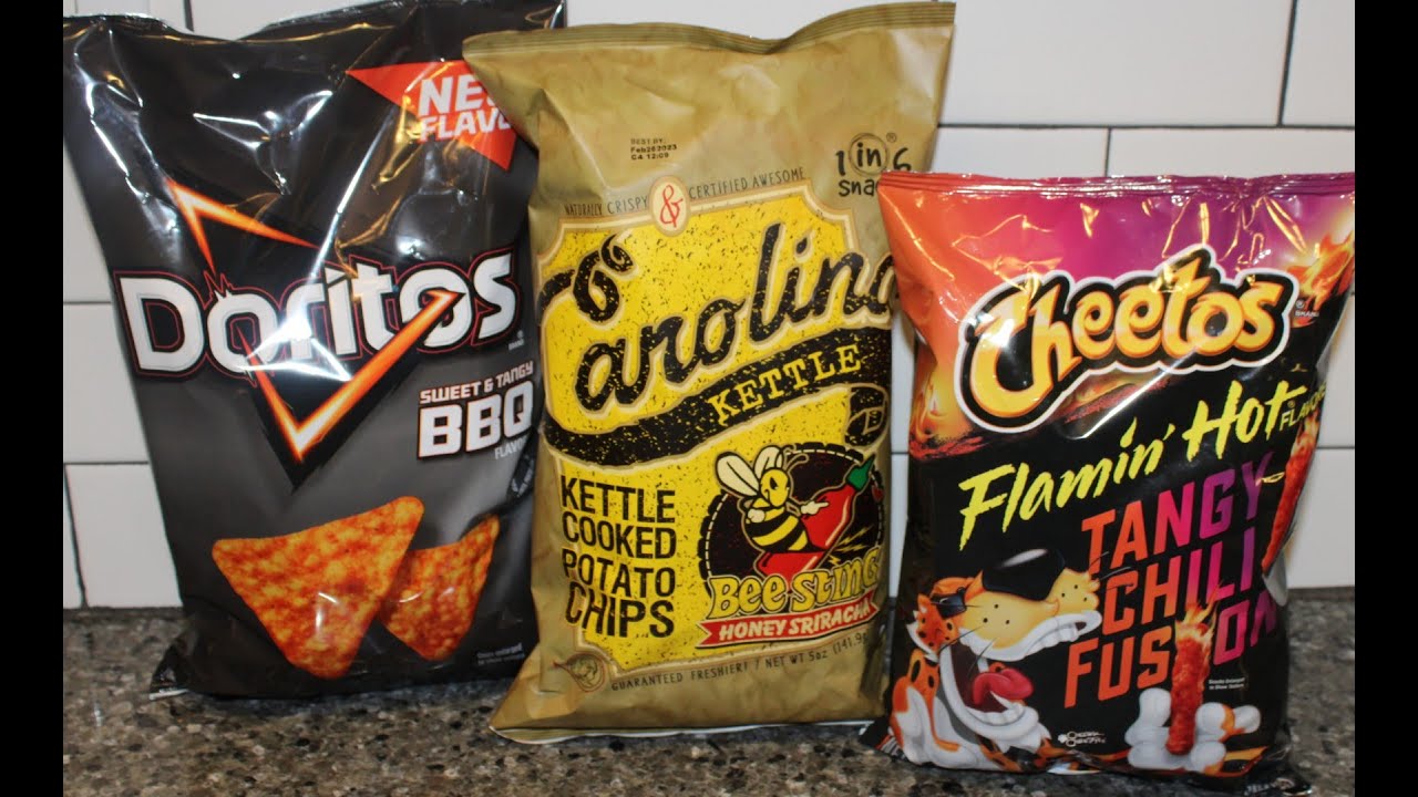 Doritos Sweet & Tangy BBQ, Carolina Kettle Honey Sriracha, Cheetos Flamin’ Hot Tangy Chili Fusion