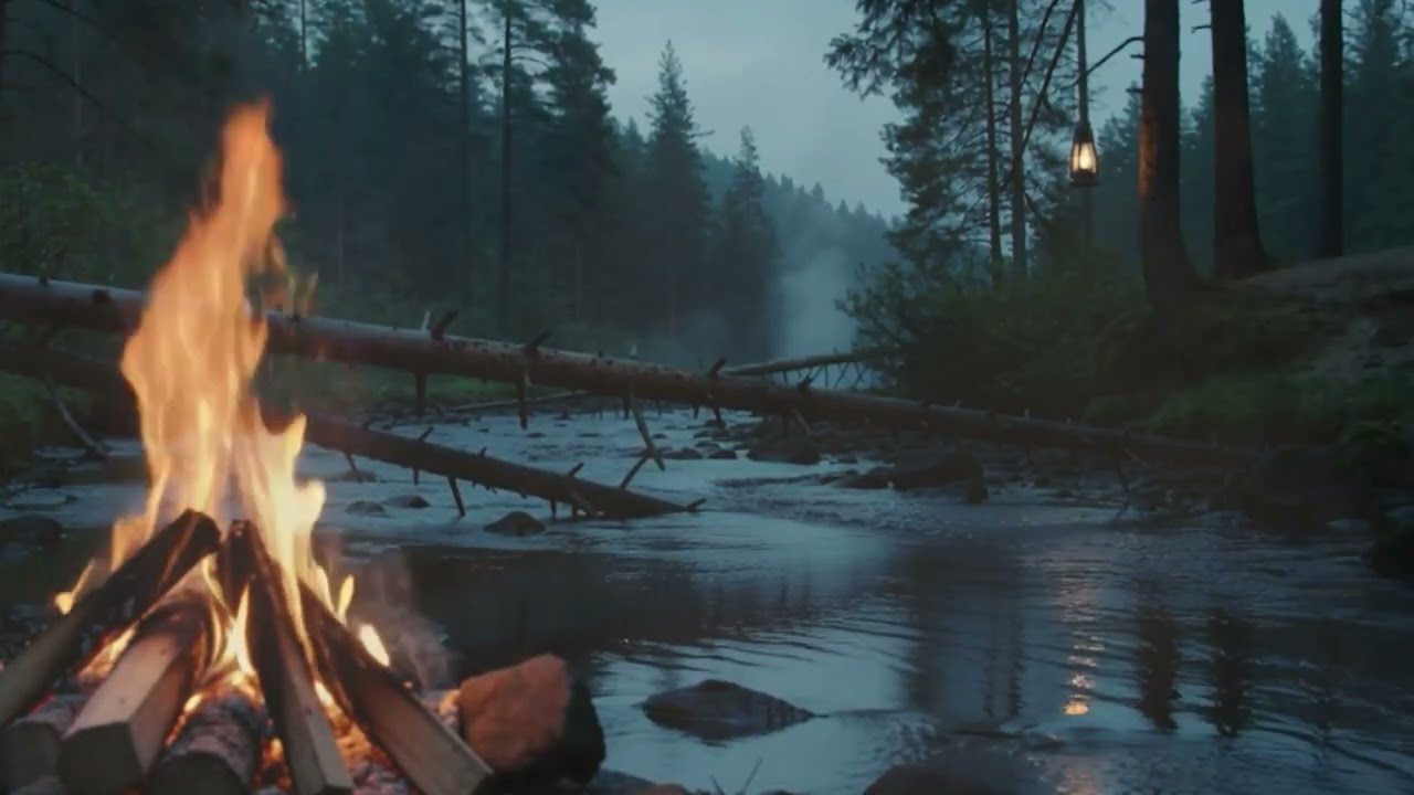 Winter Night Solitude | Campfire & Stream Sounds for Sleep Cold Forest Campfire | Relaxing Winter