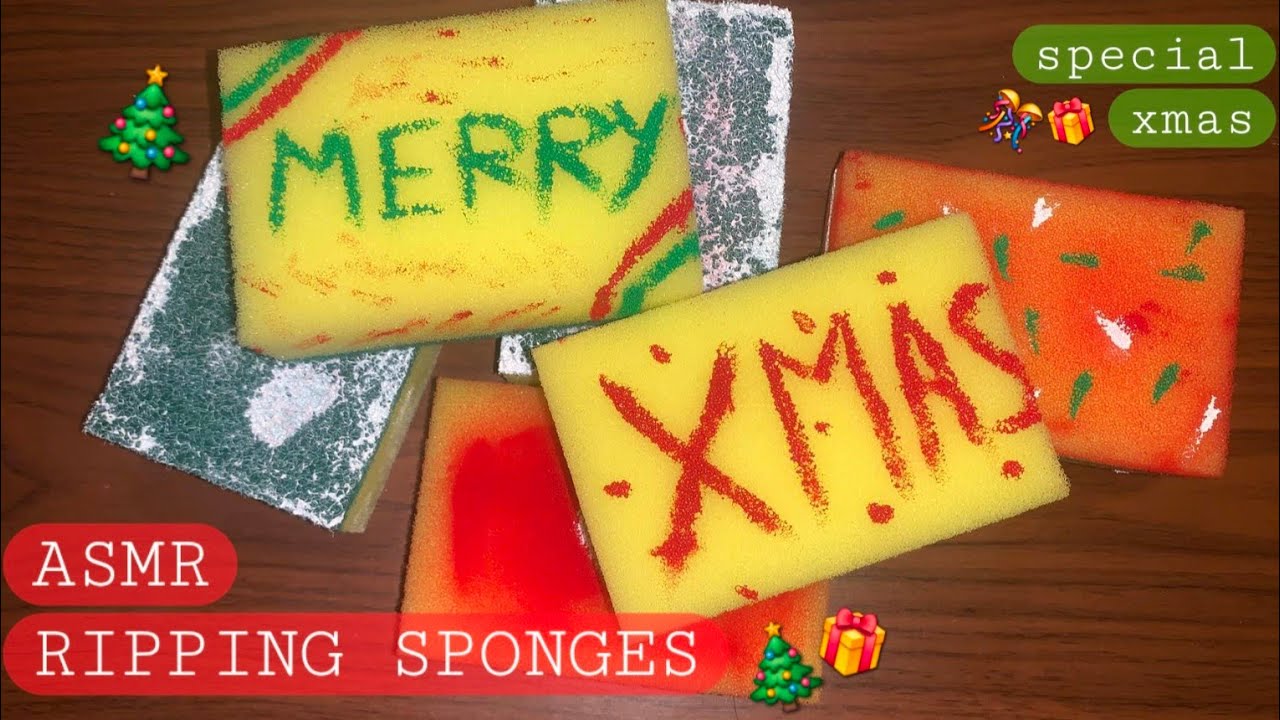 ASMR - 🎄 Ripping dry sponges x6 🎄|| squeezing,scratching, ripping sounds ||