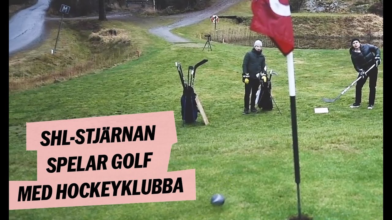 Alexander Holtz spelar golf med hockeyklubba.