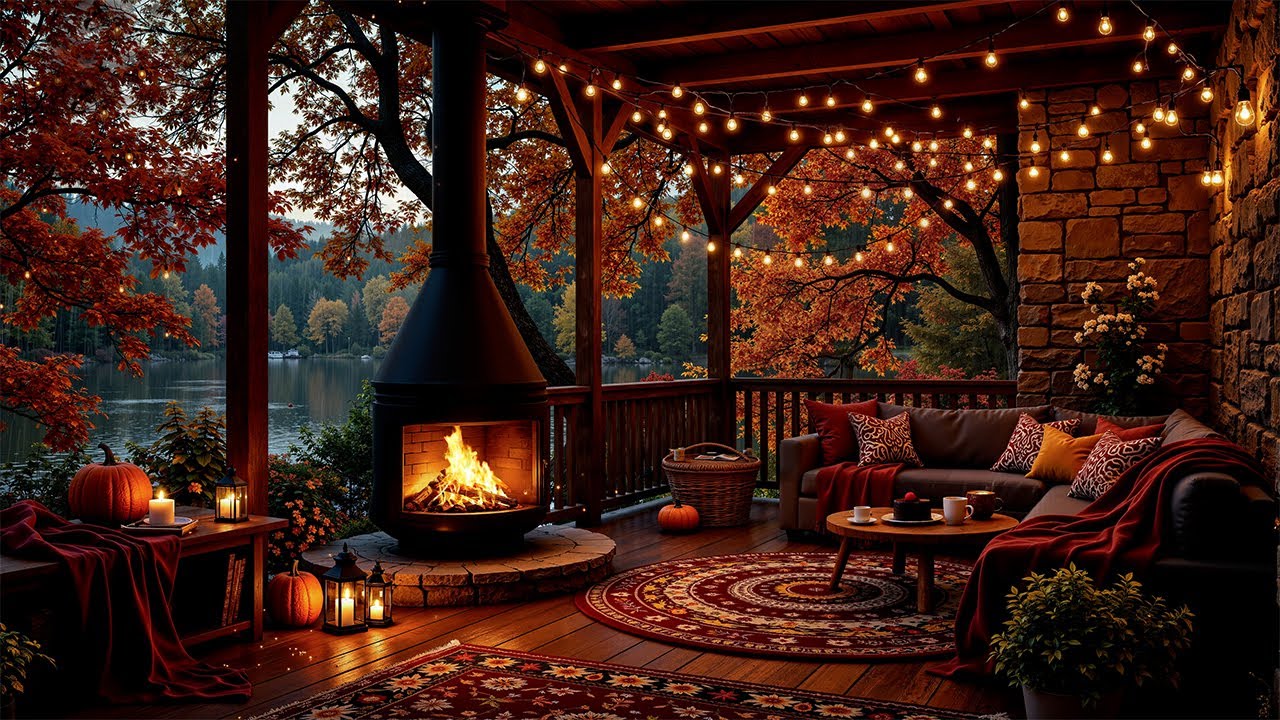 Autumn Porch Healing Vibes | Jazz Piano and Fireplace with Rain Sounds for Focused Work & Slow Sleep