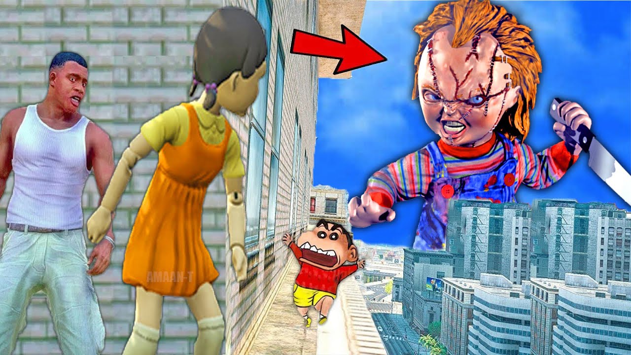 Franklin and Shinchan & Pinchan play HIDE AND KILL with Squid Game Doll In GTA 5