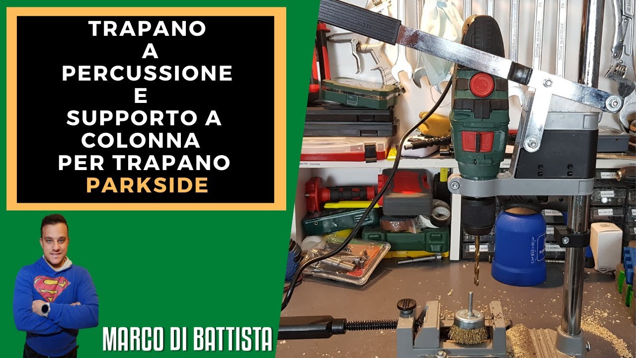 Trapano a percussione Parkside con FANTASTICO supporto a colonna per trapano.
