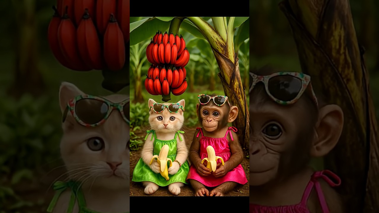🐒😺 Adorable Kitten & Baby Monkey Eating Banana Like Toddlers 🍌😂 | Cutest 5 Seconds Ever! #Shorts