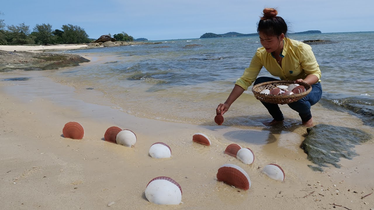 Saltwater clams, marine Bivalve, Cooking on Beach Recipe