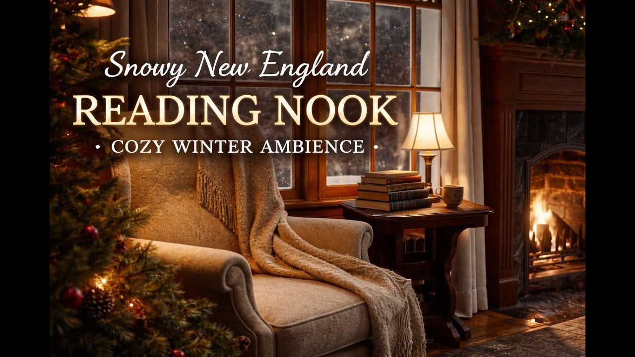 Snowy New England Reading Nook ❄️ Cozy Winter Fireplace Ambience for Deep Sleep & Relaxation