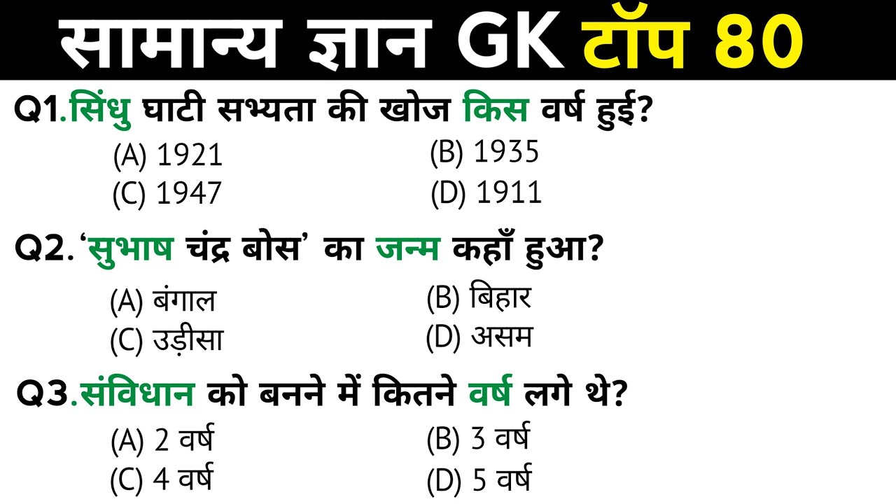 सामान्य ज्ञान | General Knowledge | Top 80 Gk GS questions | SSC GD, MTS, RPF, CRPF | GK quiz