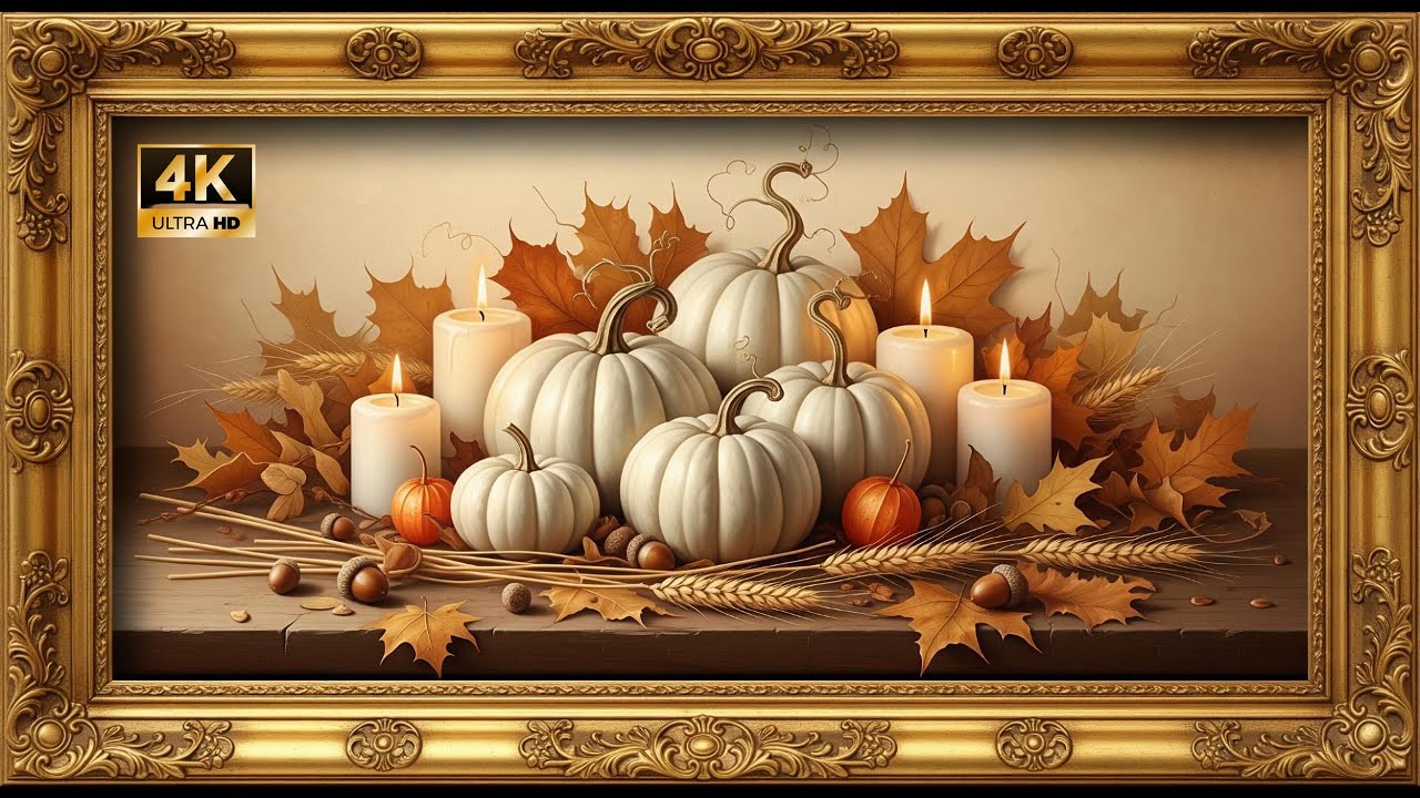 Pumpkin Elegance Autumn Oil Painting in Golden Frame in 4K