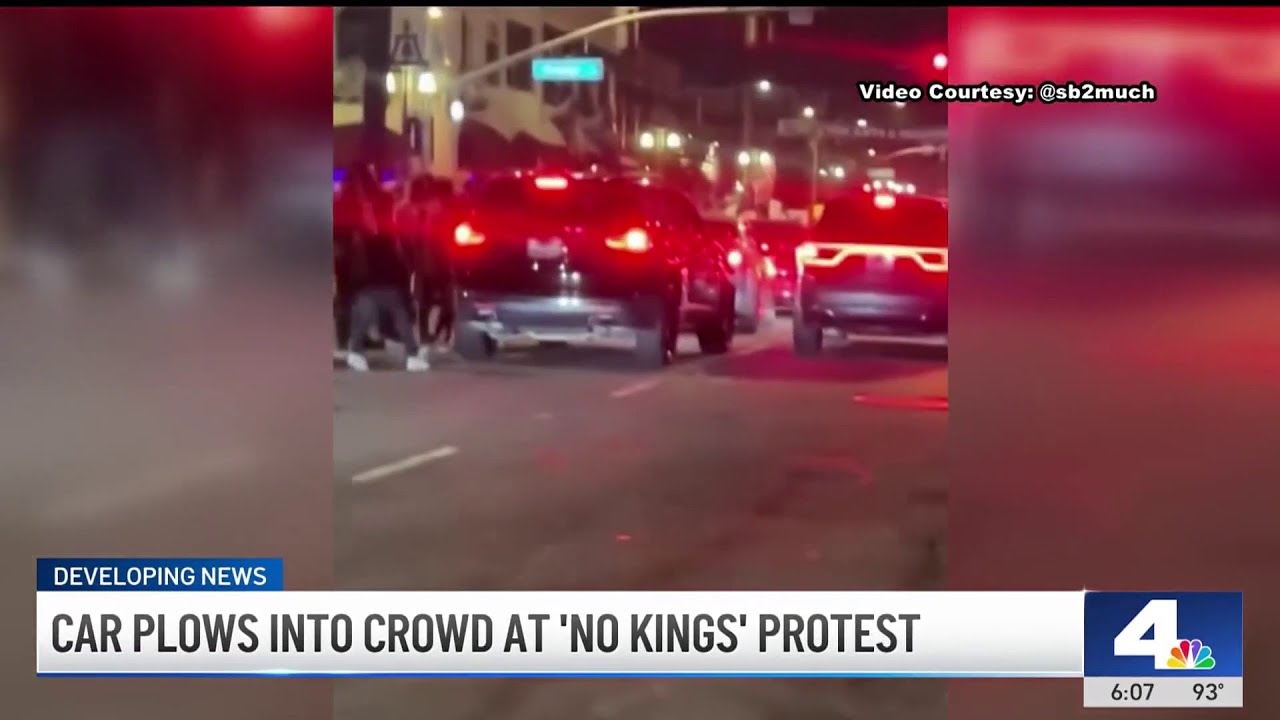 Woman injured after car plows into crowd at ‘No Kings' rally in Riverside