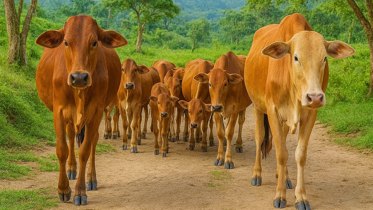 Herder and a herd of cows heading to the barn/pen, Cow sound Moo, Cute cows walking on the road.