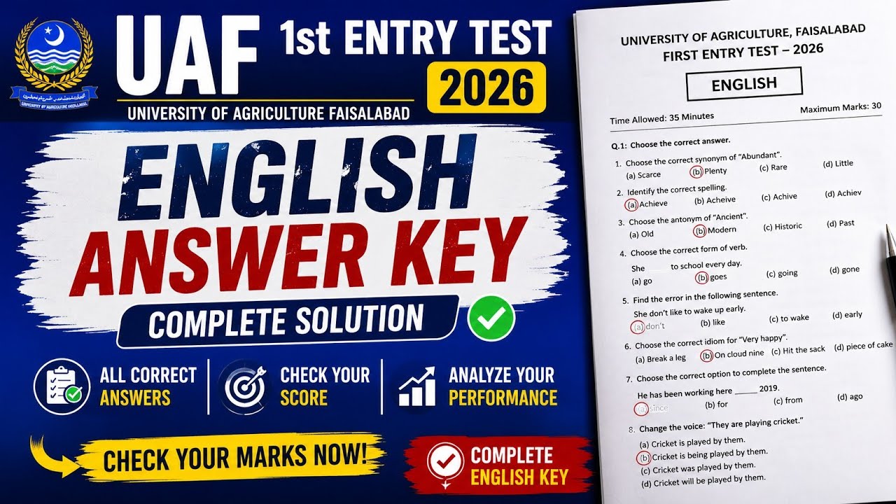 UAF 1st Entry Test 2026 English Key | All Correct Answers | UAF Entry Test Solution