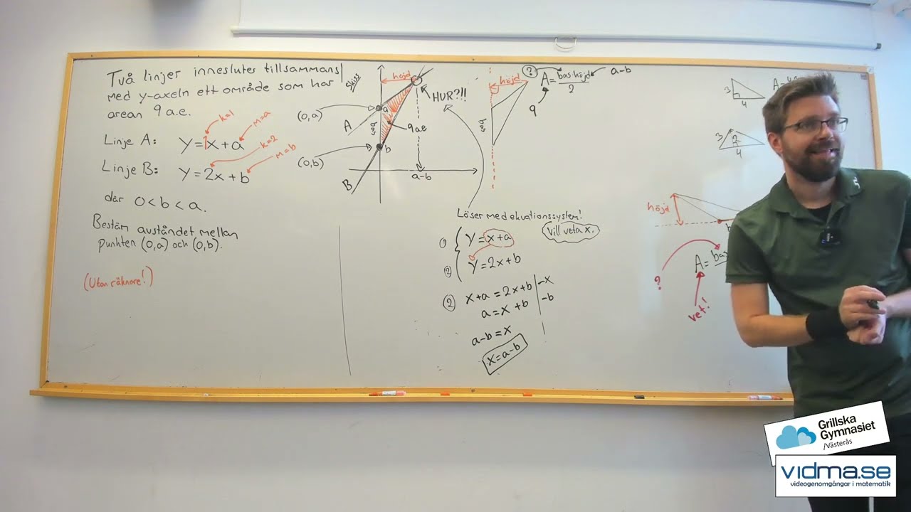 Matematik 2. EN RIKTIGT SVÅR A-UPPGIFT (0/1/4) med linjer, ekvationssystem och andragradsekvationer.